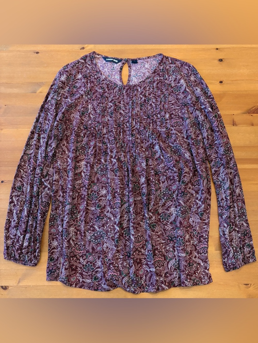 Lands’ End Small Burgundy Floral Long-Sleeve Peasant Top